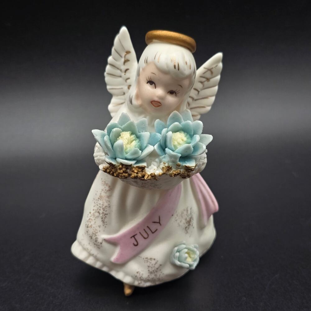 Lefton July Birthday Angel Ceramic Vintage 1950s Blue Flowers